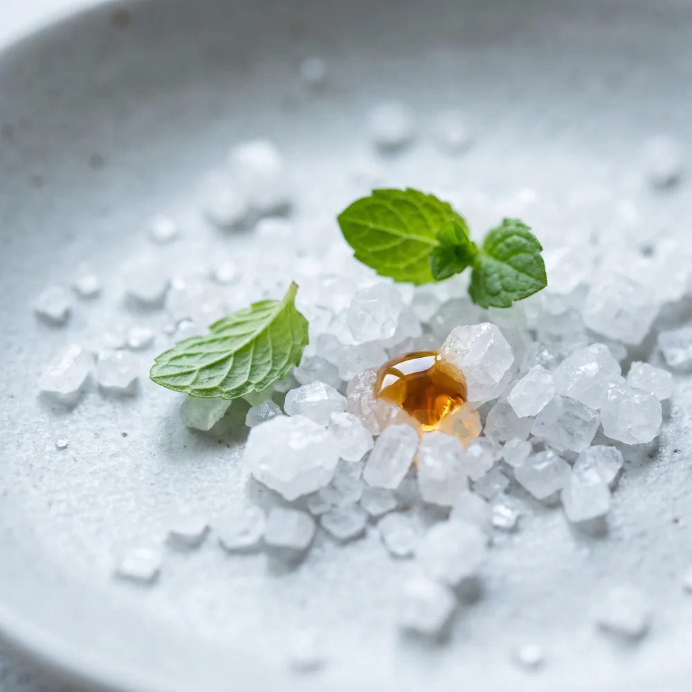 Coarse salt crystals with peppermint leaves and a single drop of amber oil.